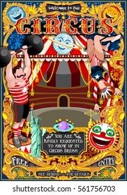 Circus carnival tent marquee amusement family theme park poster. Woman acrobat artist show invite set. Creative design vector illustration fairground collection