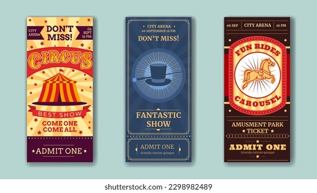 Circus carnival tickets. Vintage posters. Amusement show labels with clowns and funfair. Colorful fonts. Carousel pass. Illusionist performance. Vector invitation flyers design set