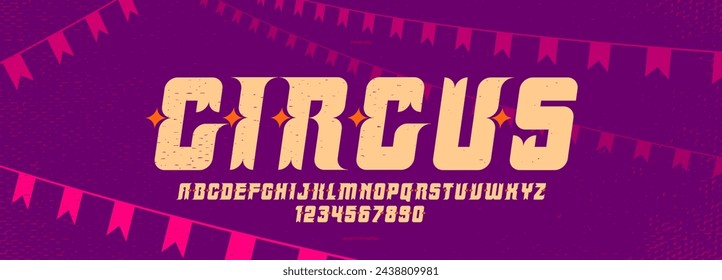 Circus and carnival vintage bold and strong display font for posters, vector typeface in old American and Mexican style of festival celebration and party, italic alphabet letters and numbers.