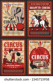 Circus and carnival vintage poster with retro big top tent, acrobats and animals on cirque arena. Vector elephant, monkey juggler, seal performing trick with balls, strongman, horse rider, charmer