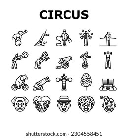 circus carnival vintage show icons set vector. retro entertainment, old festival, tent event, red amusement festive, label frame circus carnival vintage show black contour illustrations