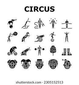 circus carnival vintage show icons set vector. retro entertainment, old festival, tent event, red amusement festive, label frame circus carnival vintage show glyph pictogram Illustrations