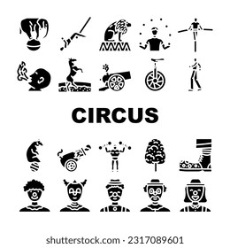 circus carnival vintage show icons set vector. retro tent, poster red, fair frame, old party, theater entertainment, label art circus carnival vintage show glyph pictogram Illustrations