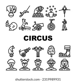 circus carnival vintage show icons set vector. retro tent, poster red, fair frame, old party, theater entertainment, label art circus carnival vintage show black contour illustrations