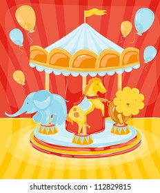 circus carousel with animals horse, elephant, lion with airbaloon, children's positive joyful