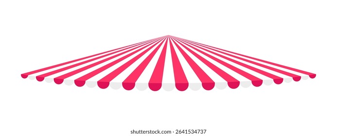 Circus or carousel dome with red and white stripes isolated on white background. Striped store canopy. Shop awning design. Fair market tent. Cafe sunshade. Kiosk umbrella. Vector flat illustration.