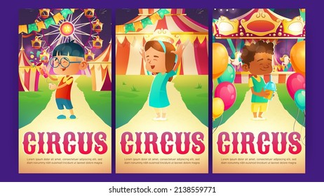 Circus cartoon ads posters, invitation to amusement park. Happy kids holding cocktail and flapper at night funfair with merry-go-round carousel, big top tent and ferris wheel Vector illustration