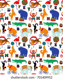 Circus cartoon animals. Seamless pattern for children