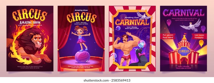 Circus cartoon character posters - promotional designs with fire-jumping lion, balancing acrobat, strongman with seal, and carnival tent with balloons and colorful curtains. Entertainment banners