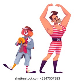 Circus cartoon character - vector carnival or theater artists performing funny show. Clown with painted face, ruddy wig and red nose playing harmonica. Large strongman in striped costume with mustache