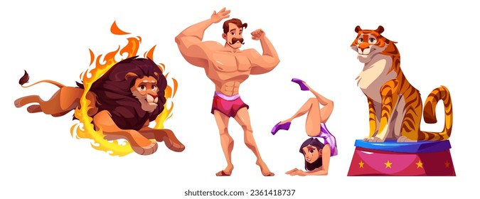 Circus cartoon characters of artists and animals during performance. Vector strongman with mustache showing his muscles, female gymnast in costume, tiger on stand and lion jumping through burning ring