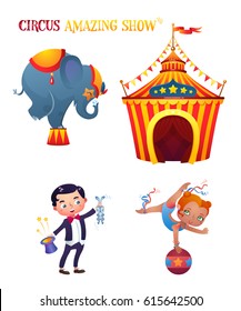 Circus Cartoon Characters Set. Elephant, magician, acrobat. Circus tent. A bright festive illustration for printing and children's holidays.