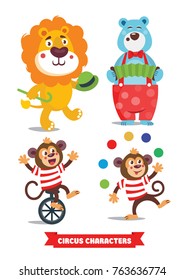 Circus Cartoon Characters Set. Lion, monkey, blue bear, seal with green ball, acrobat. A bright festive illustration for printing and children's holidays.