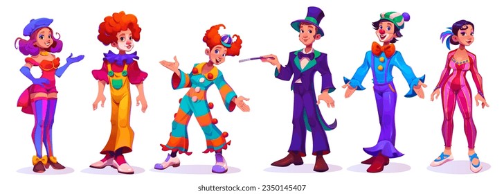 Circus cartoon characters set - vector illustration of various cirque or carnival artists in bright scenic costumes. Man magician in coat and hat, woman gymnast and clowns with wig and red nose.