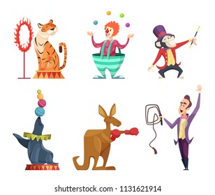 Circus cartoon characters. Vector mascots isolate on white. Cartoon show, comic and funny kangaroo, tamer and monkey illustration