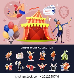 Circus cartoon colored composition with isolated show icon set combined in composition vector illustration