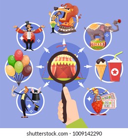 Circus cartoon colored concept with little circles icon set and with magnifier in hands vector illustration