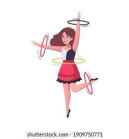 Circus cartoon composition with character of female dancer spinning hoops on arms and legs vector illustration