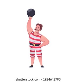 Circus cartoon composition with character of strongman with muscles and weight vector illustration