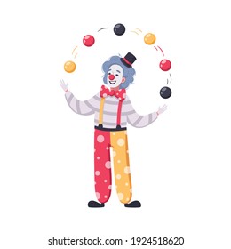 Circus cartoon composition with isolated character of clown juggling small balls vector illustration