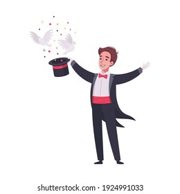 Circus cartoon composition with male character of magician with pigeons flying out the hat vector illustration