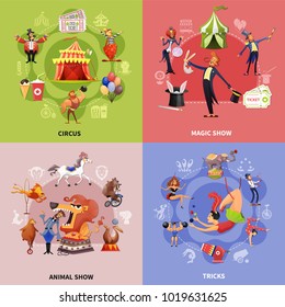 Circus cartoon concept with circus magic show animal show and tricks descriptions vector illustration