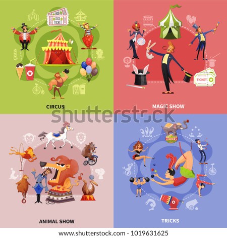 Circus cartoon concept with circus magic show animal show and tricks descriptions vector illustration