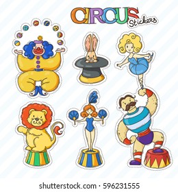 Circus cartoon icons collection with chapiteau tent and trained wild animals. Vector doodle stickers set