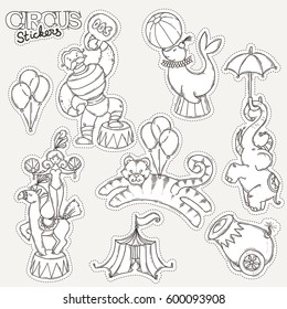 Circus cartoon icons collection with chapiteau tent and trained wild animals. Vector doodle stickers set