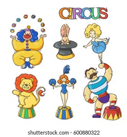 Circus cartoon icons collection with chapiteau tent and trained wild animals. Vector doodle illustration set