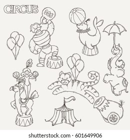 Circus cartoon icons collection with chapiteau tent and trained wild animals. Vector doodle illustration set
