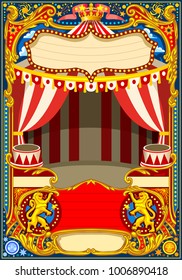 Circus cartoon poster theme. Vintage frame with circus tent for kids birthday party invitation or post. Quality template vector illustration.