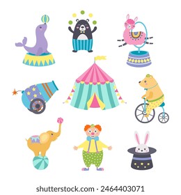 circus cartoon set with animals performing tricks and others elements, flat vector illustration with funny elephant, seal, bears, rabbit, llama and clown