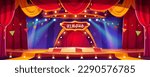 Circus cartoon stage with ring vector background. Carnival tent with round arena scene for amusement show. Red theater curtain with podium and spotlight illustration. Vintage marquee perform platform