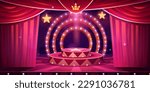 Circus cartoon stage with ring vector background. Carnival tent with round arena scene, amusement show. Red theater curtain with podium and spotlight illustration. Vintage marquee perform platform