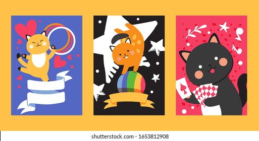Circus cat banner, cute kitten pet, trained animal cartoon character, vector illustration. Funny cards with cats in flat style, circus animal performing stunts and tricks. Fairground invitation banner