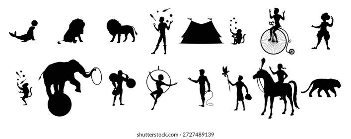 Circo o chapiteau siluetas negras con carpa superior de carnaval de Vector, payaso, acróbata y animales. Trapecio chica, elefante y mono malabarista, mago, hombre fuerte y león, parque de atracciones, diseño de feria