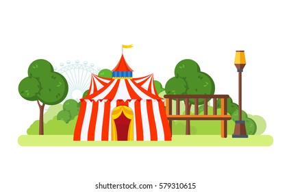 Circus chapiteau building located in the park and entertainment attractions, the main entrance to the premises. Vector illustration isolated on white background.