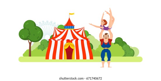 Circus chapiteau building located in park and entertainment attractions, main entrance to premises. Athlete, holds on hands gymnast girl in sportswear. Vector illustration in cartoon style.