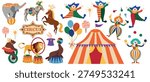 Circus chapito set. Vector characters of strongman, clown, juggler and magician. Cute elephant, lion, horse, zebra, seal and bear on circus stage