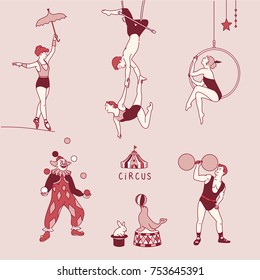 circus character hand drawn illustrations. vector doodle design 