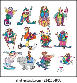 Circus character. Juggling animals, clown artist jugglers and power players. Clown comedians, juggling comedians, magicians and monkeys. Isolated icon cartoon vector illustration set