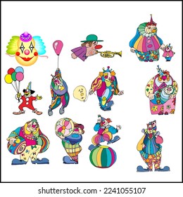 Circus character. Juggling animals, clown artist jugglers and power players. Clown comedians, juggling comedians, magicians and monkeys. Isolated icon cartoon vector illustration set
