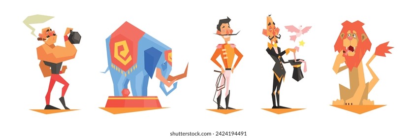 Circus Character and Tamed Animal on Show or Performance Vector Set