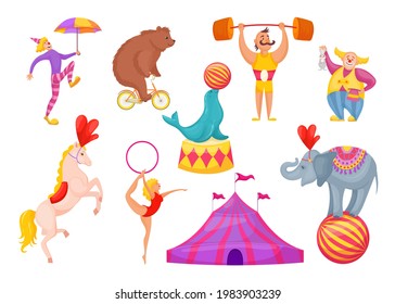 Caracteres de circo e ilustración vectorial de animales. Payaso, acróbata, gimnasta con aro, hombre fuerte, tamer, montando en caricaturas de oso bici, aisladas de fondo blanco. Concepto de artistas de circo.