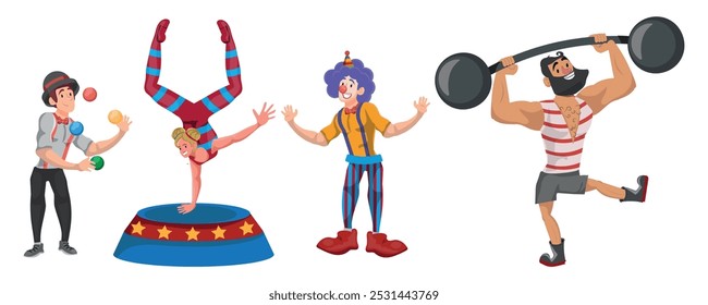 Circus characters, clown, acrobat, juggler and strongman. Vector illustration in cartoon style. White background.