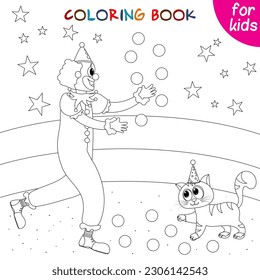 Circus characters. Clown and cat in the circus arena. Editable vector