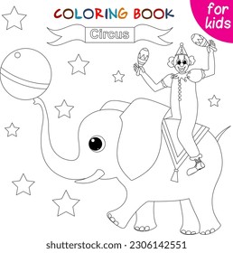 Circus characters. The clown sits on an elephant in the circus arena. Editable vector