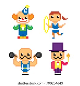 Circus Characters icon set. Pixel art. Old school computer graphic style. 8 bit video game. game element.