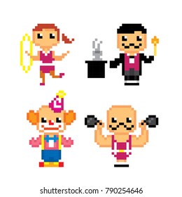 Circus Characters icon set. Pixel art. Old school computer graphic style. 8 bit video game. game element.